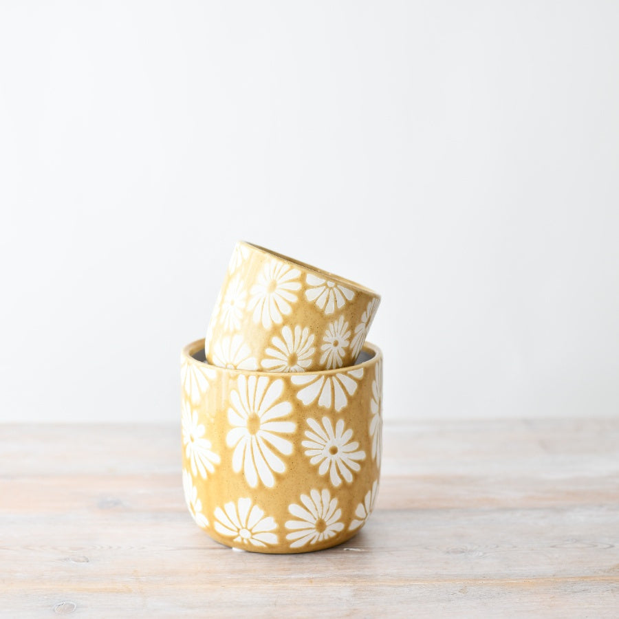 Stoneware Flower Planter 10.5cm – White Floral Boho Plant Pot Indoor Decorative Ceramic Home Decor