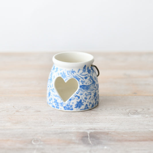 Blue Hare Candle Holder 7cm – Hand Painted Floral Tealight Holder with Handle Rustic Home Decor