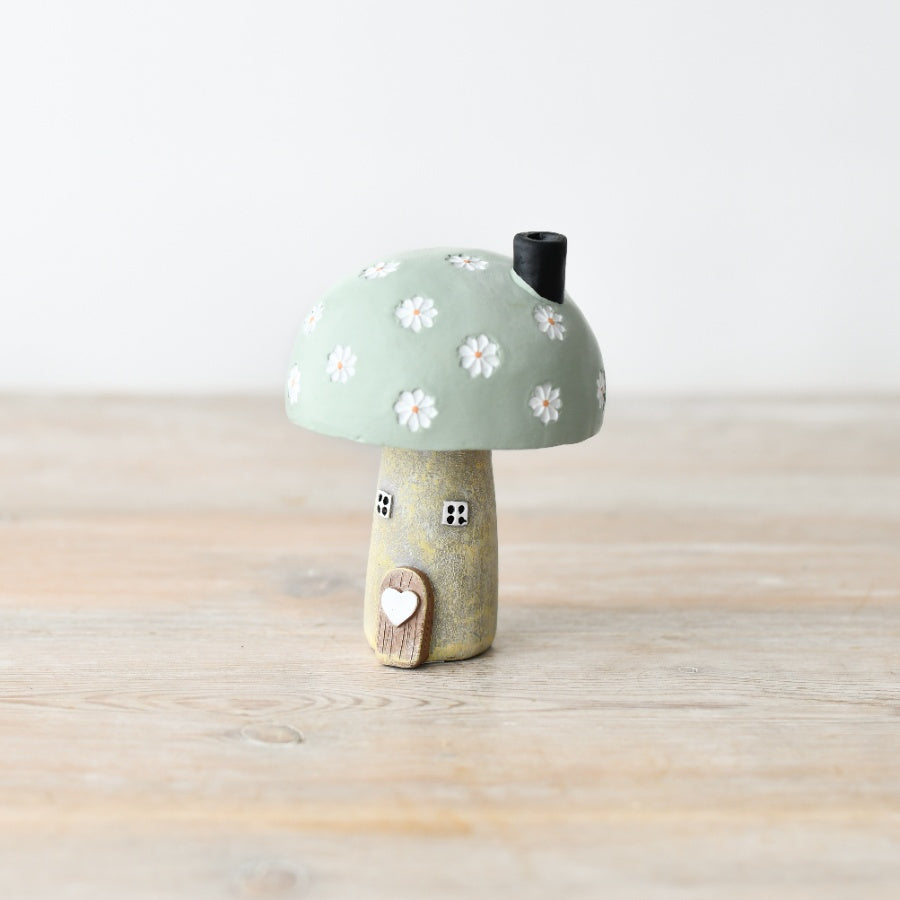 Green Flower Roof Mushroom House Ornament 10cm, Cozy Garden Decor