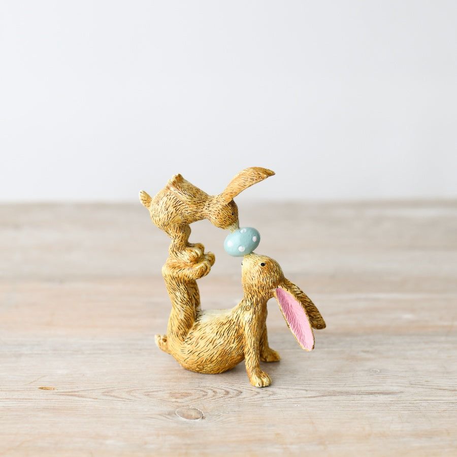 Jasper and Bonnie Easter Kisses, 11cm Resin Bunny Pair with Green Egg Detail, Animal Themed Home Decor