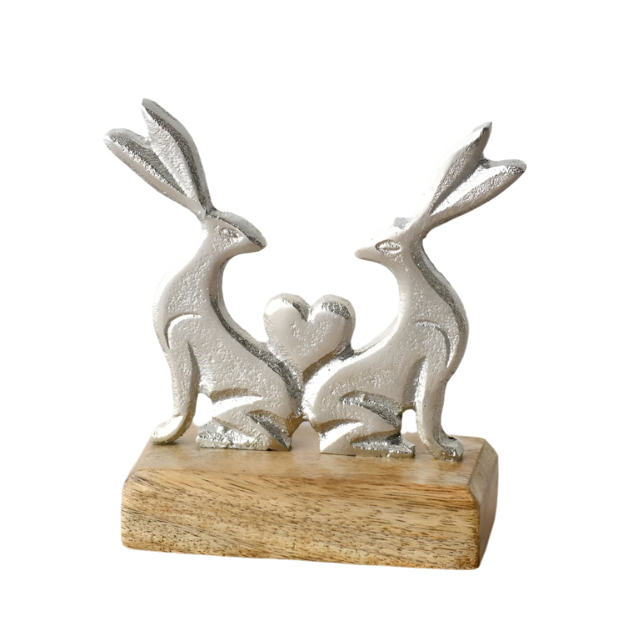 Rabbit and Heart Ornament, 18cm Bunny Animal Themed Decorative Figurine on Wood Base for Home Decor