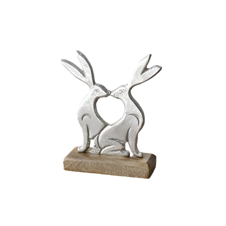 Kissing Rabbits Ornament, 17cm Spring Decor with Wooden Base for Home Display