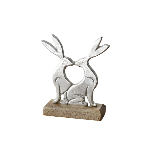 Kissing Rabbits Ornament, 17cm Spring Decor with Wooden Base for Home Display