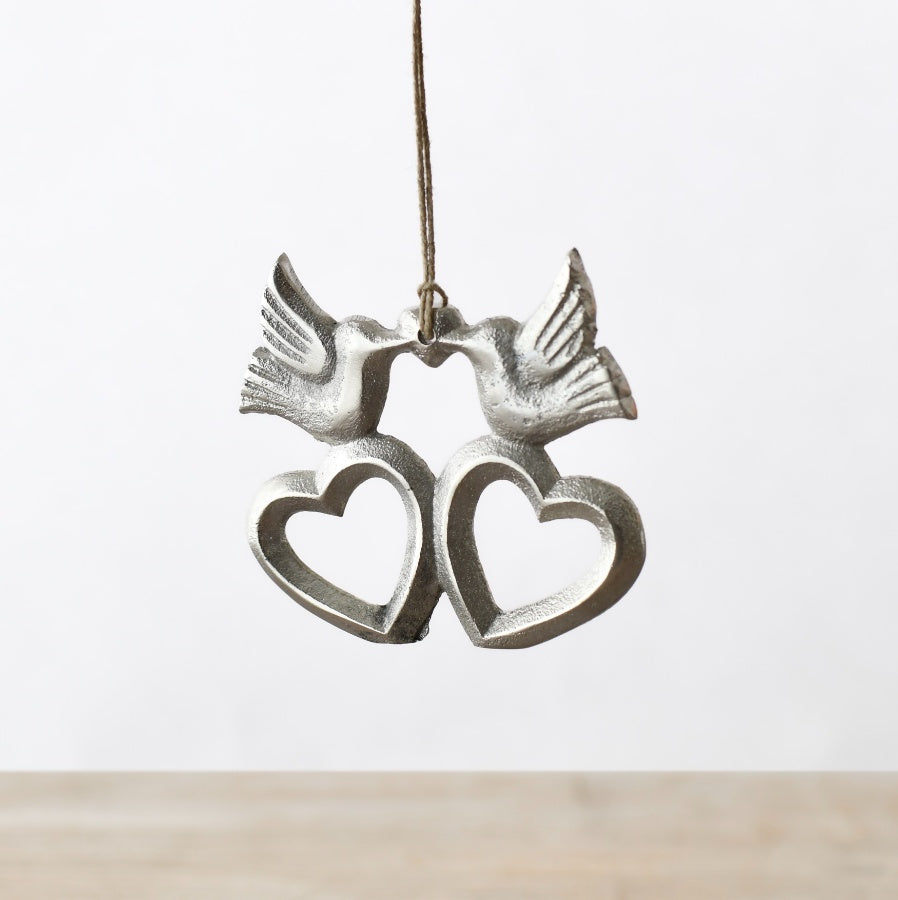 Hanging Heart Bird Decoration, 10cm Metal Ornament for Home Wall or Door Decor