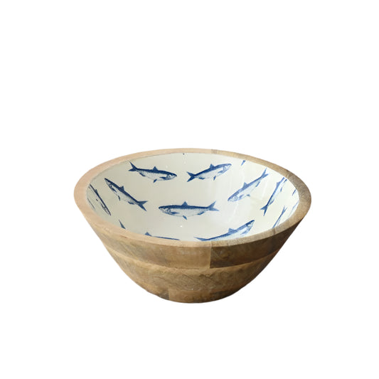 Enamel and Wood Fish Bowl, 23cm Coastal Wooden Bowl with Blue Fish Design