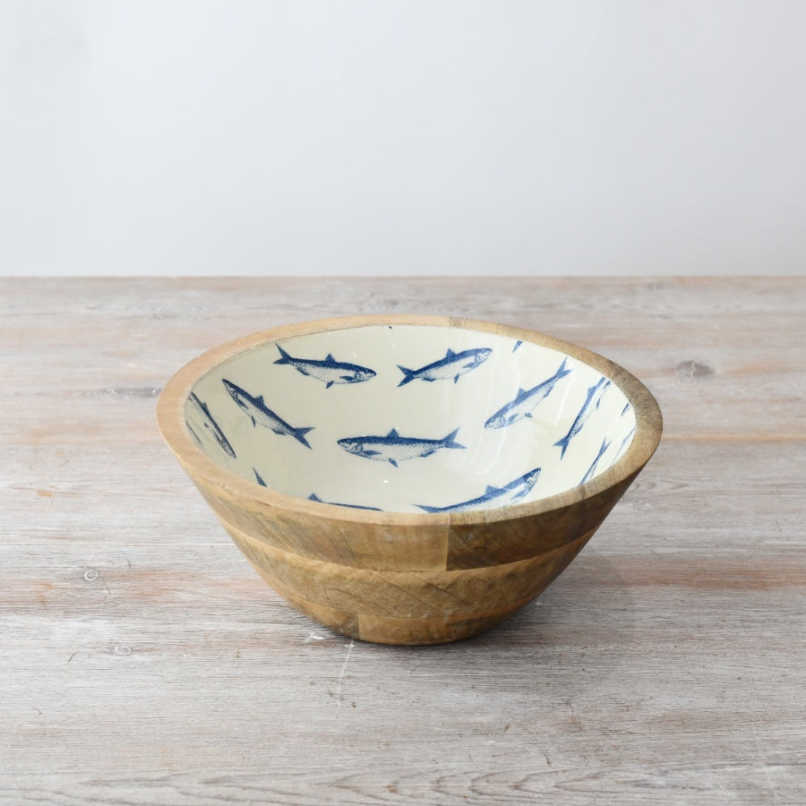 Enamel and Wood Fish Bowl, 23cm Coastal Wooden Bowl with Blue Fish Design