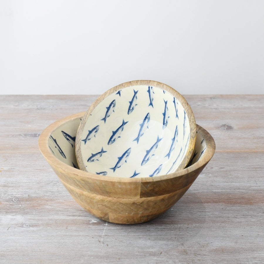 Enamel and Wood Fish Bowl, 23cm Coastal Wooden Bowl with Blue Fish Design
