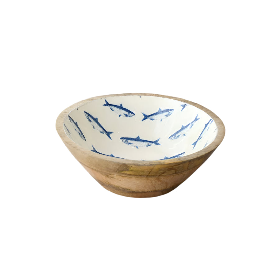 Enamel and Wood Fish Bowl, 17cm Coastal Rustic Bowl for Trinkets and Snacks