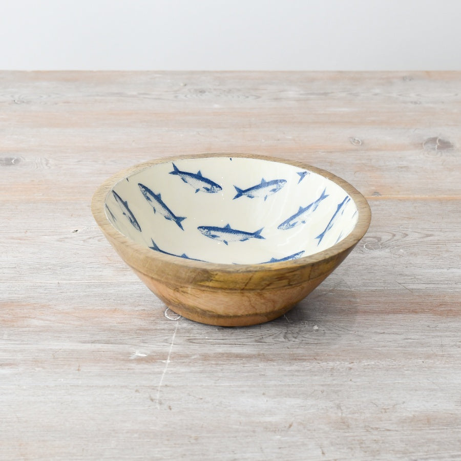 Enamel and Wood Fish Bowl, 17cm Coastal Rustic Bowl for Trinkets and Snacks