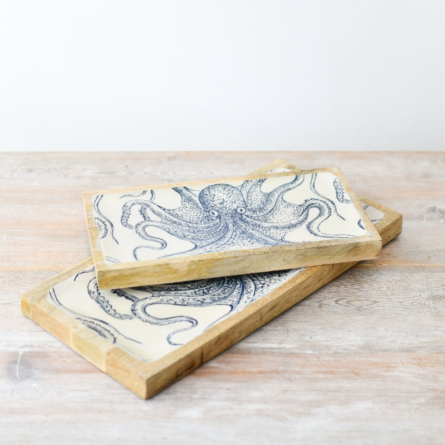 Octopus Coastal Tray 40cm – Wooden Enamel Tray for Keys Trinkets and Nautical Home Decor