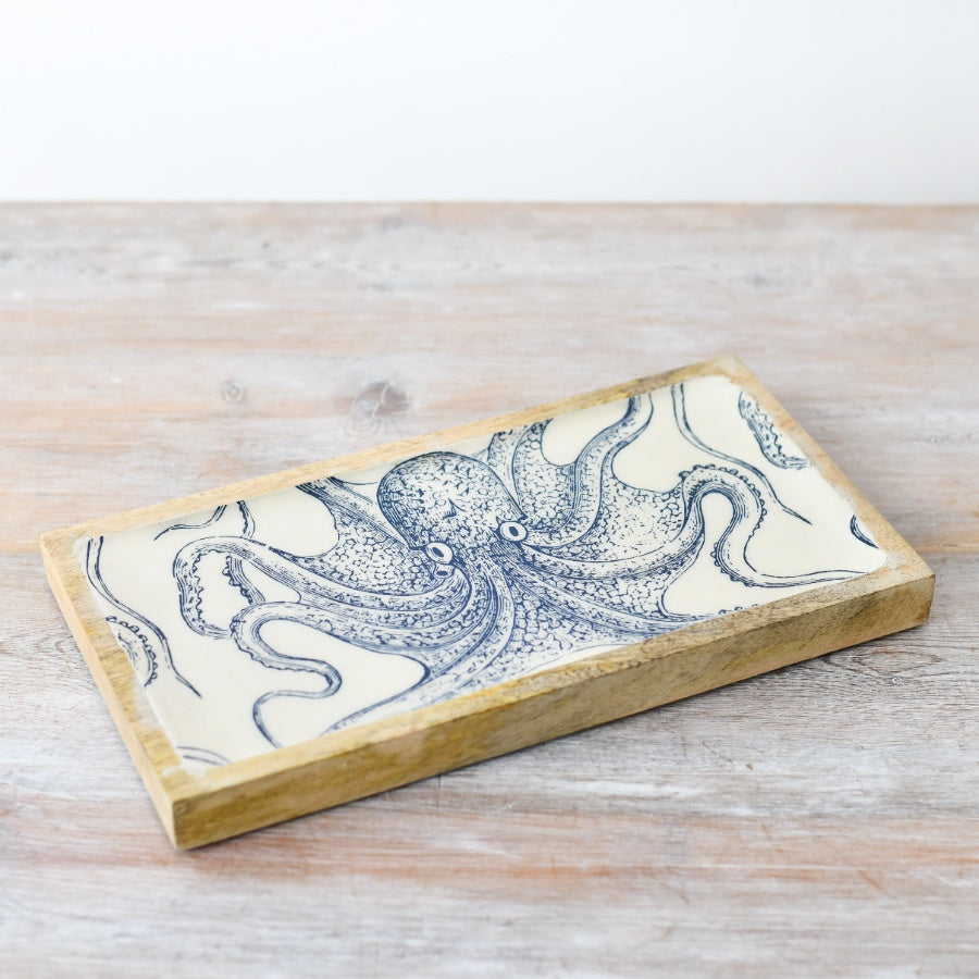 Octopus Coastal Tray 40cm – Wooden Enamel Tray for Keys Trinkets and Nautical Home Decor