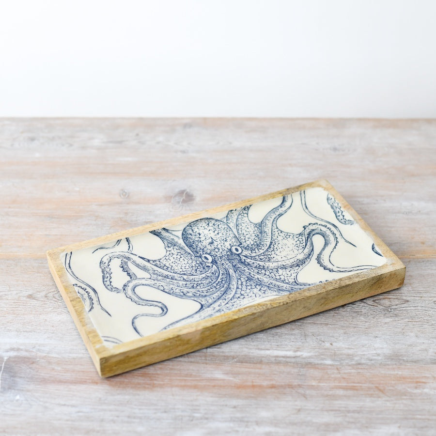 Octopus Design Enamel Tray 30cm – Coastal Wooden Serving Tray Nautical Home Decor Beach Cottage Accent