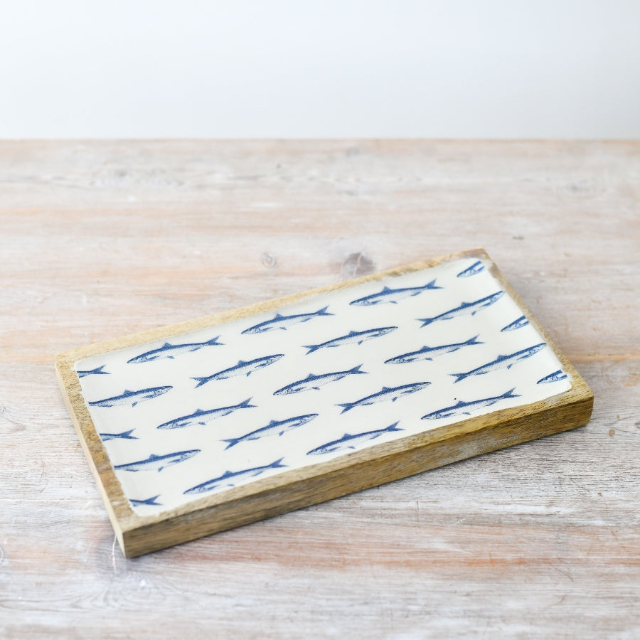 Rectangle Fish Tray 40cm – Wooden Enamel Coastal Serving Tray, Nautical Beach Decor for Kitchen & Table Styling