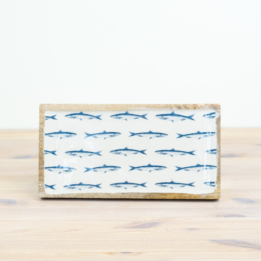 Wooden Fish Tray 30cm – Rustic Blue Fish Pattern Tray, Coastal Key & Trinket Holder for Home Decor