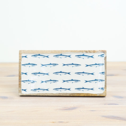 Wooden Fish Tray 30cm – Rustic Blue Fish Pattern Tray, Coastal Key & Trinket Holder for Home Decor