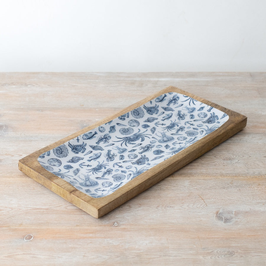 Sea Creatures Serving Tray 30cm – Wooden Enamel Coastal Tray for Entertaining and Nautical Home Decor