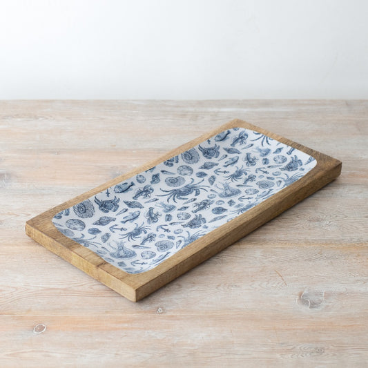 Sea Creatures Serving Tray 30cm – Wooden Enamel Coastal Tray for Entertaining and Nautical Home Decor