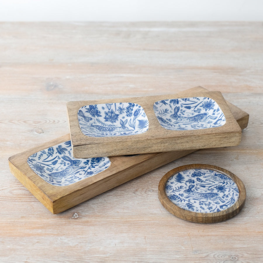 Wooden Hare Design Coaster 10cm – Blue Floral Round Drink Mat with Raised Lip Rustic Home Decor