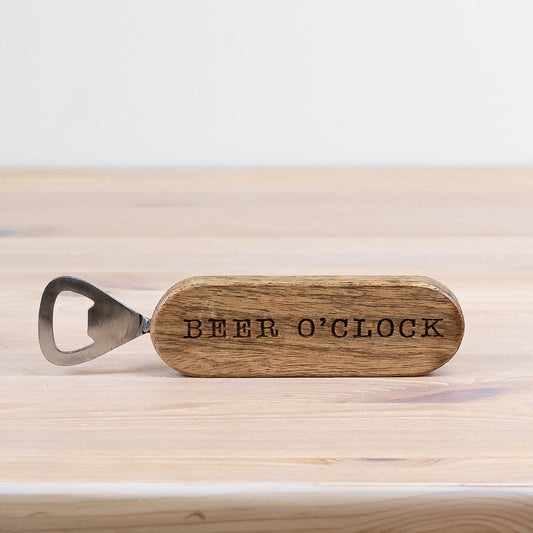 Beer O Clock Bottle Opener 18cm – Rustic Wood and Metal Bar Tool Funny Gift for Beer Lovers