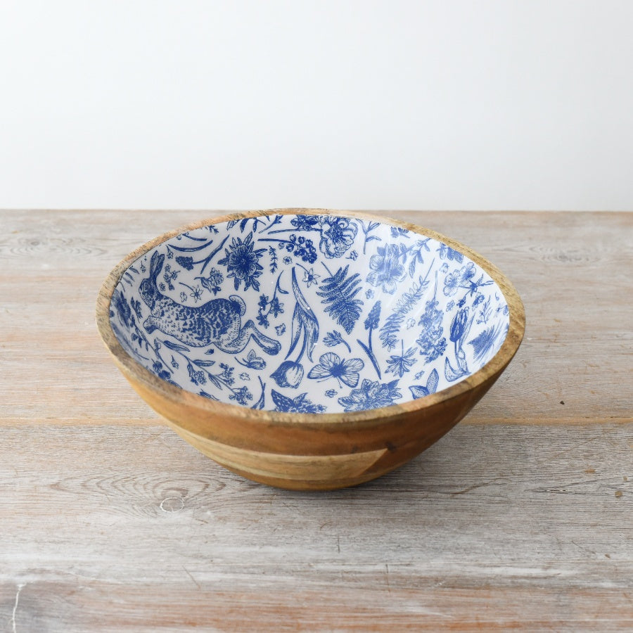 Rabbit Enamel Bowl 23cm – Blue Floral Wooden Spring & Easter Decorative Dish