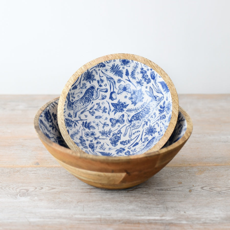Rabbit Enamel Bowl 23cm – Blue Floral Wooden Spring & Easter Decorative Dish