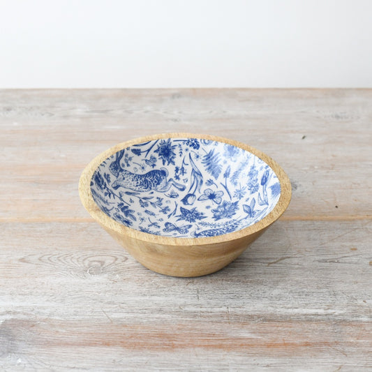 Blue Floral Enamel Bowl 17cm – Wooden Serving Dish White and Blue Spring Pattern Decorative Home Decor