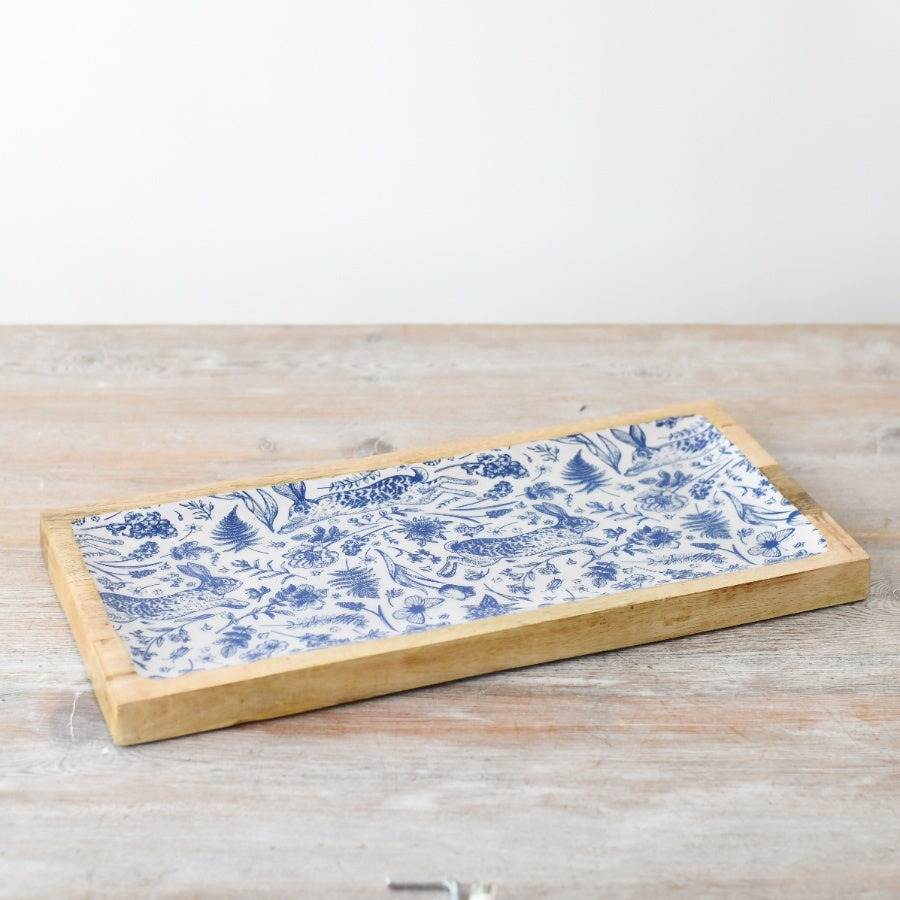 Rabbit Design Enamel Tray 40cm – Wooden Serving Tray Blue and White Spring Pattern Decorative Home Decor