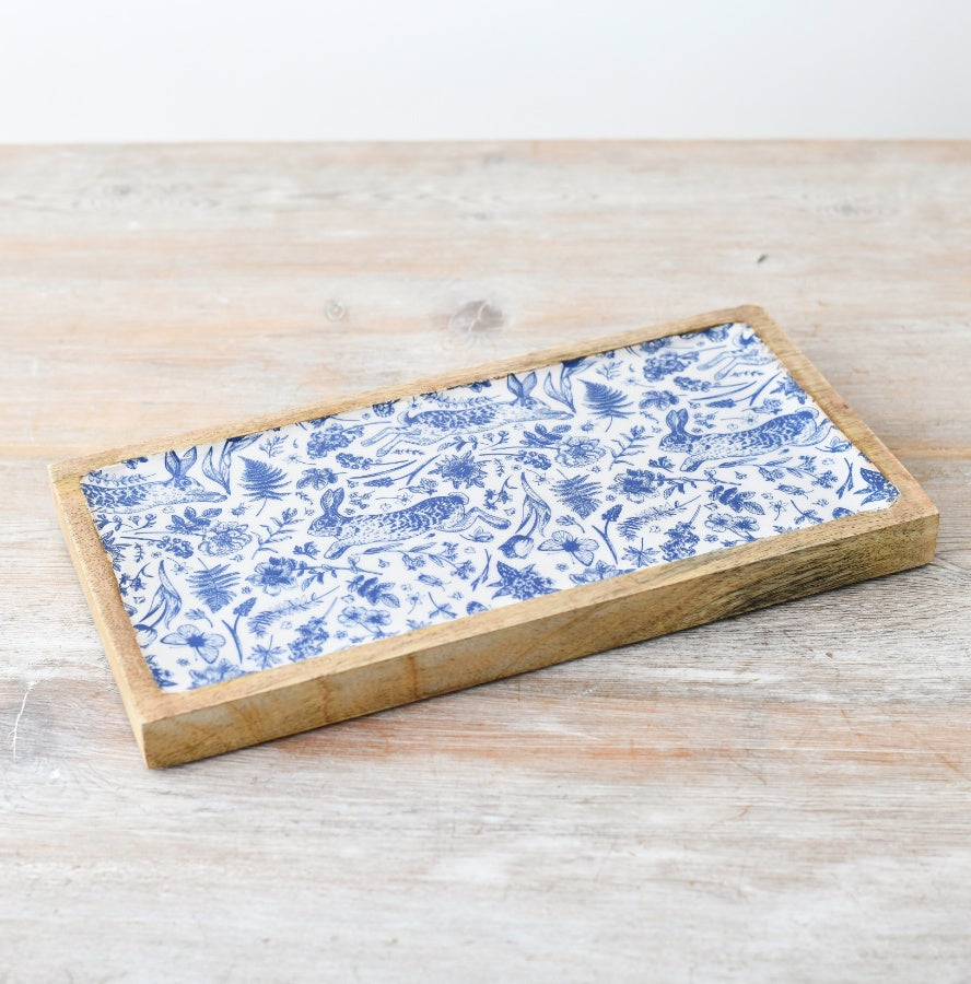 Rabbit Design Enamel Tray 30cm – Wooden Floral Bunny Trinket Tray Spring Home Decor