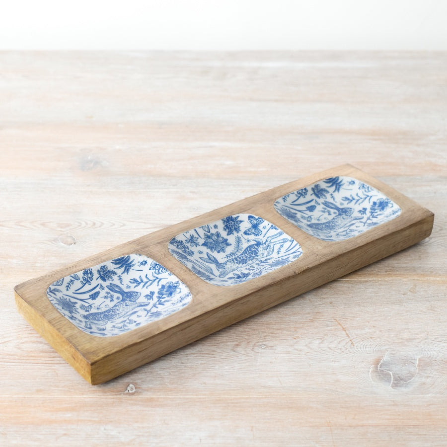Rabbit Design Serving Tray 30cm – Wooden Enamel Tray with Blue Bunny Illustration Easter Table Decor