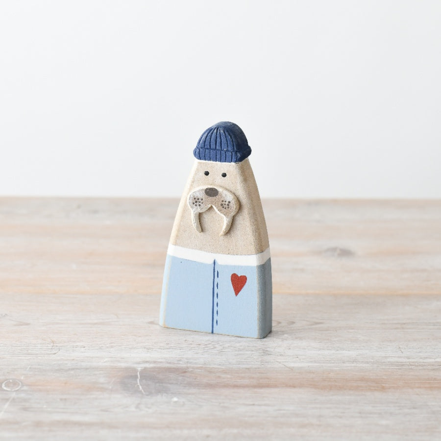 Wood Sea Lion Ornament 12.5cm – Hand Painted Coastal Animal Decor with Blue Hat and Heart Gift