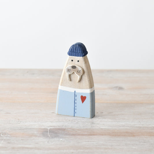 Wood Sea Lion Ornament 12.5cm – Hand Painted Coastal Animal Decor with Blue Hat and Heart Gift