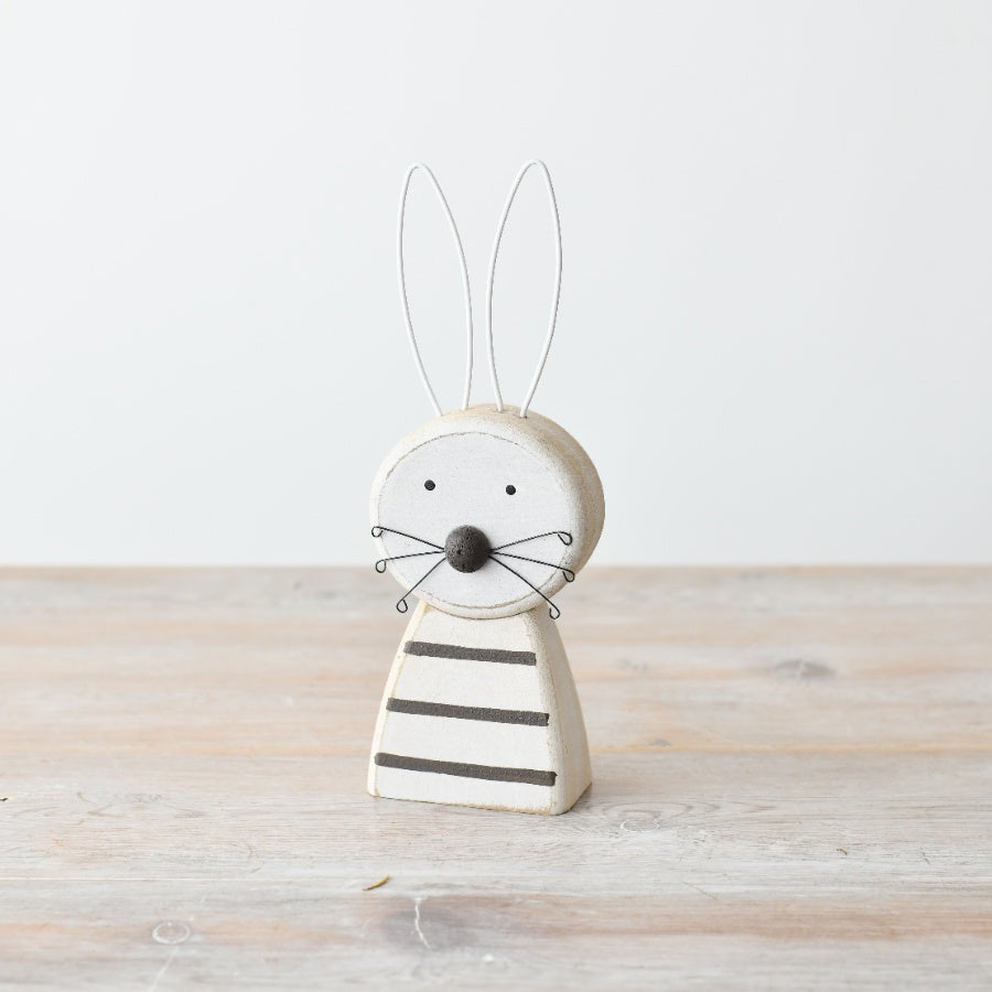 Wooden Rabbit Decoration 20cm – White Bunny Figurine Grey Stripes Solid Wood Easter Spring Home Decor