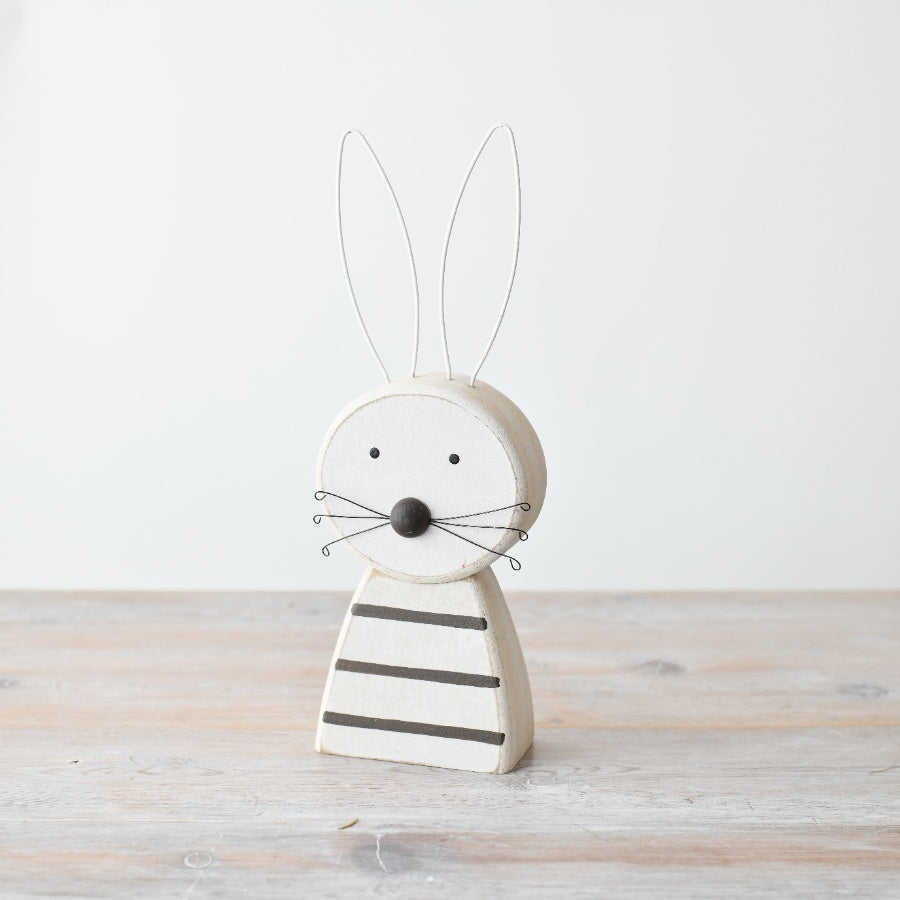 Large Wooden Rabbit Decoration 27cm – White Striped Bunny Figurine Rustic Easter Spring Home Decor