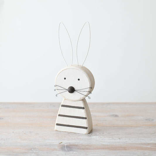 Large Wooden Rabbit Decoration 27cm – White Striped Bunny Figurine Rustic Easter Spring Home Decor