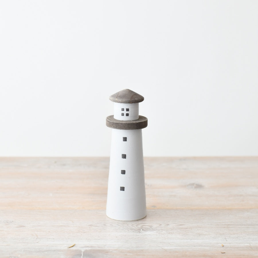 Wooden White Lighthouse Decoration 15cm, Handcrafted Coastal Ornament