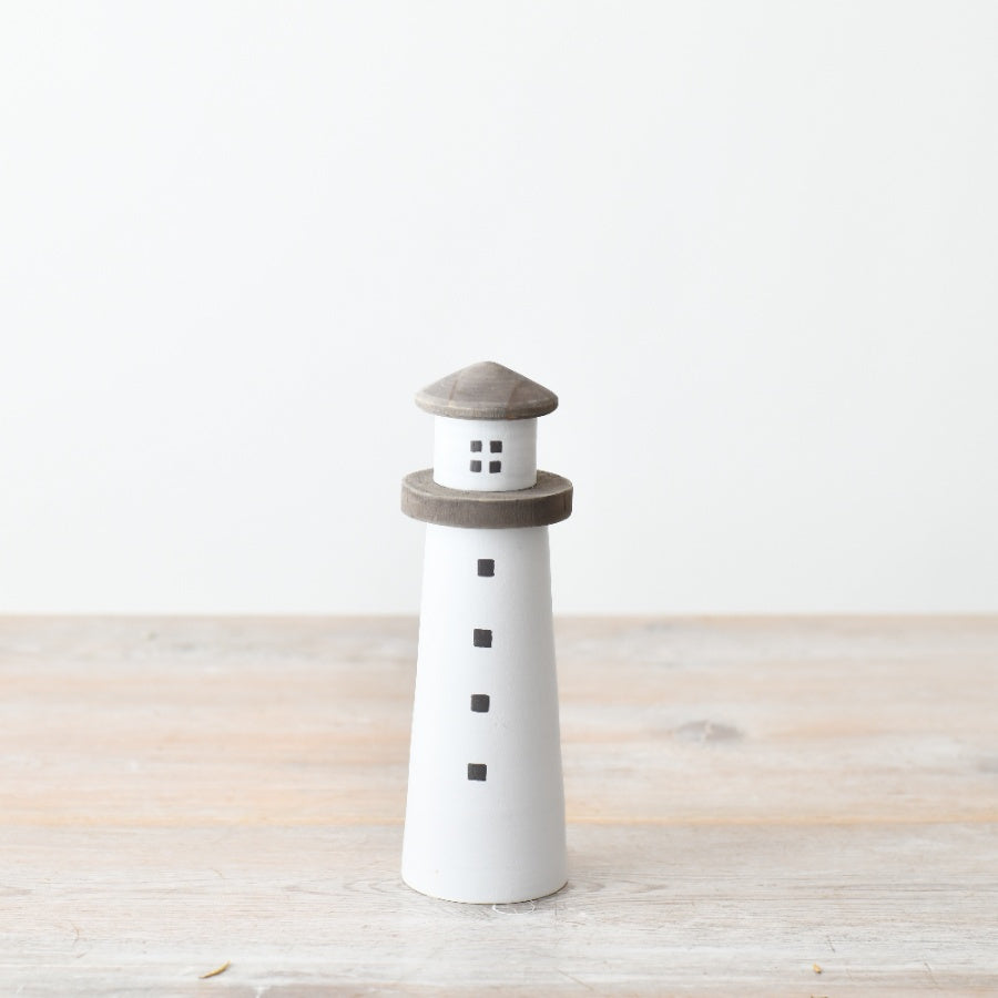 Tall White Wooden Lighthouse Decoration 20cm, Hand-Finished Coastal Ornament