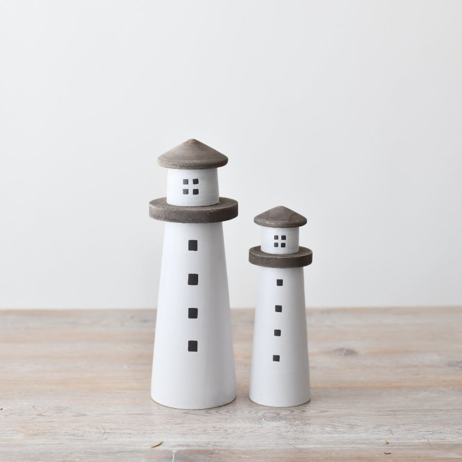 Tall White Wooden Lighthouse Decoration 20cm, Hand-Finished Coastal Ornament