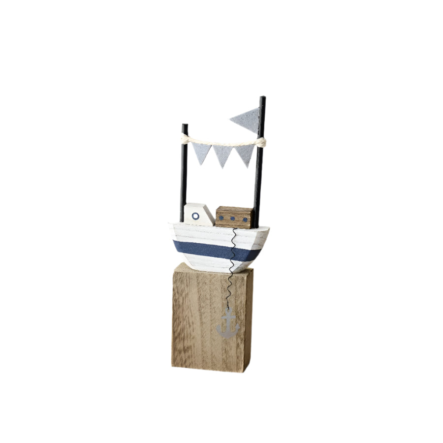 Boat on Wood Stand with Flags Decoration 21cm, Nautical Shabby Chic Ornament with Coastal Charm