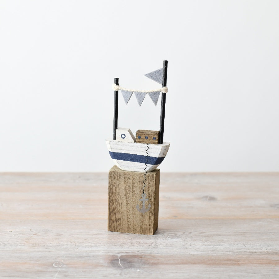 Boat on Wood Stand with Flags Decoration 21cm, Nautical Shabby Chic Ornament with Coastal Charm