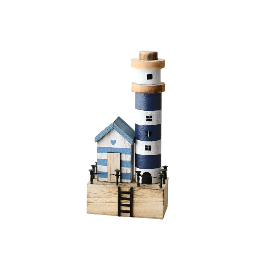 Blue & White Lighthouse and Beach Hut Decoration 21cm, Wooden Nautical Ornament with Coastal Charm