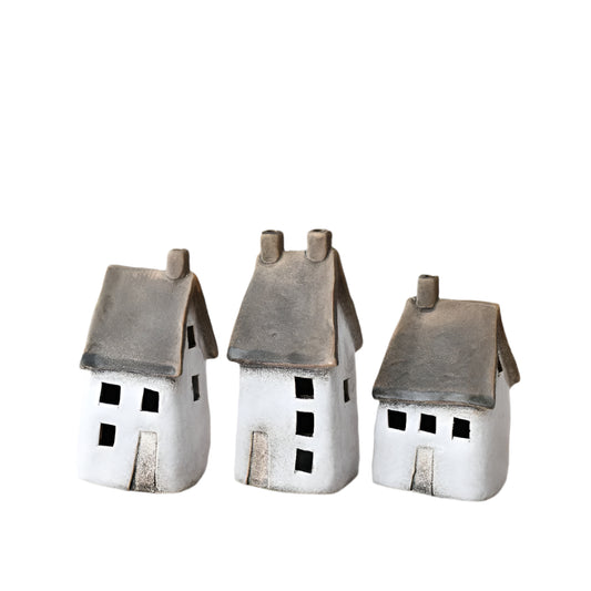 LED Speckled White House Decoration 14.5cm, Hand-Finished Ceramic Light-Up Ornament for Cozy Coastal Charm