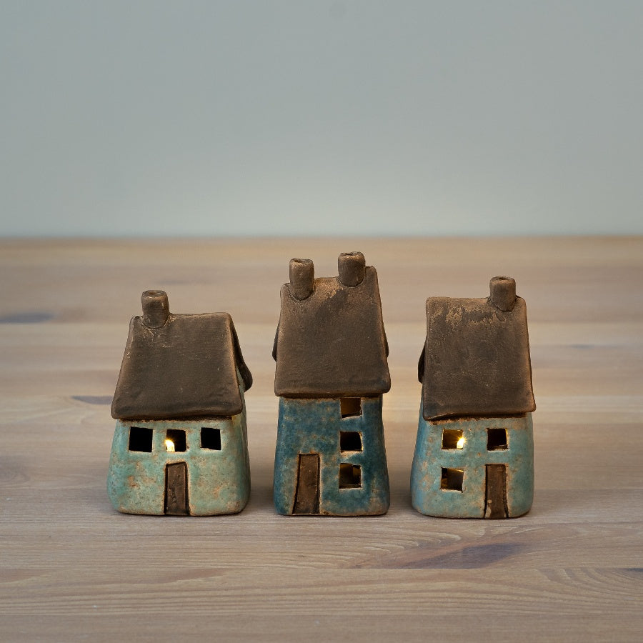Small LED Speckled House Decoration 11.2cm, Hand-Finished Light-Up Ceramic Ornament with Rustic Coastal Charm