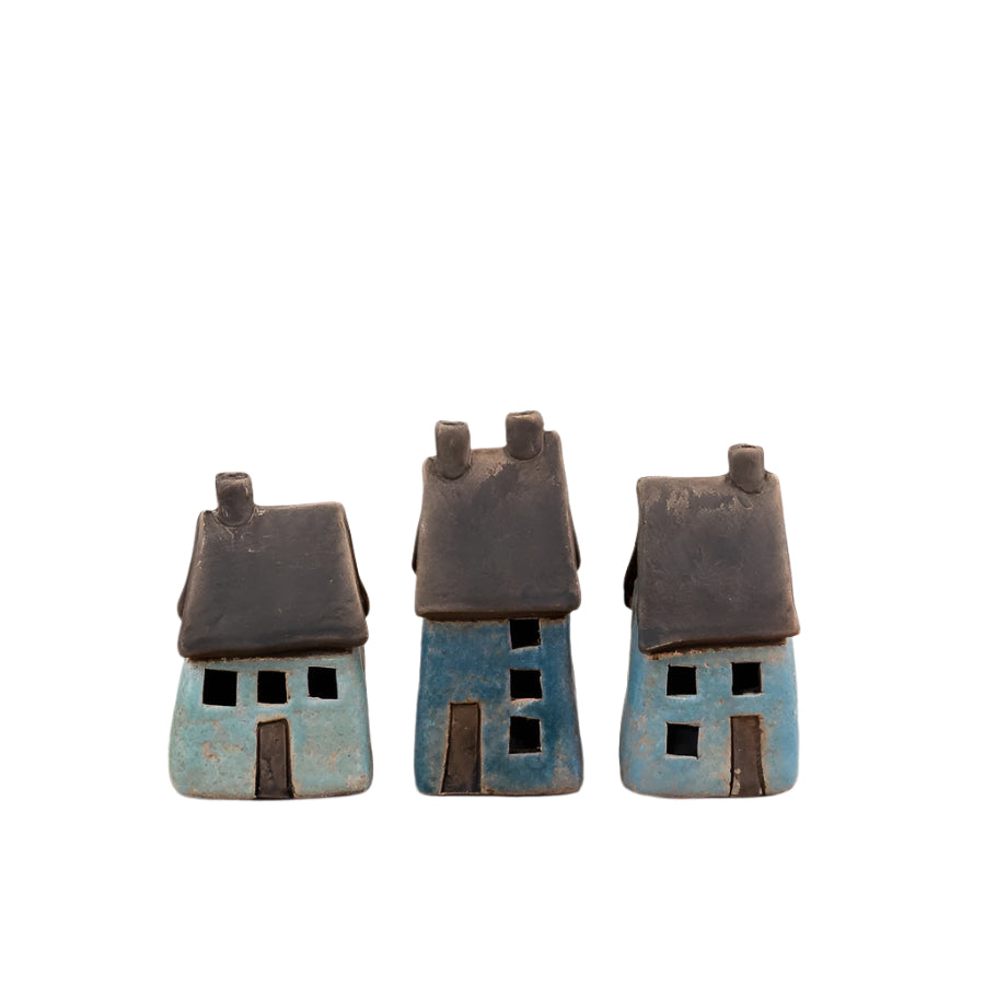 Small LED Speckled House Decoration 11.2cm, Hand-Finished Light-Up Ceramic Ornament with Rustic Coastal Charm