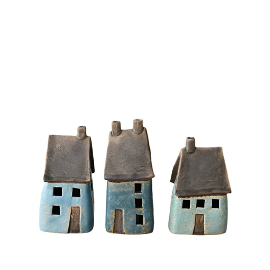 LED Speckled Blue House Decoration 14.5cm, Hand-Finished Light-Up Ceramic Ornament with Rustic Charm