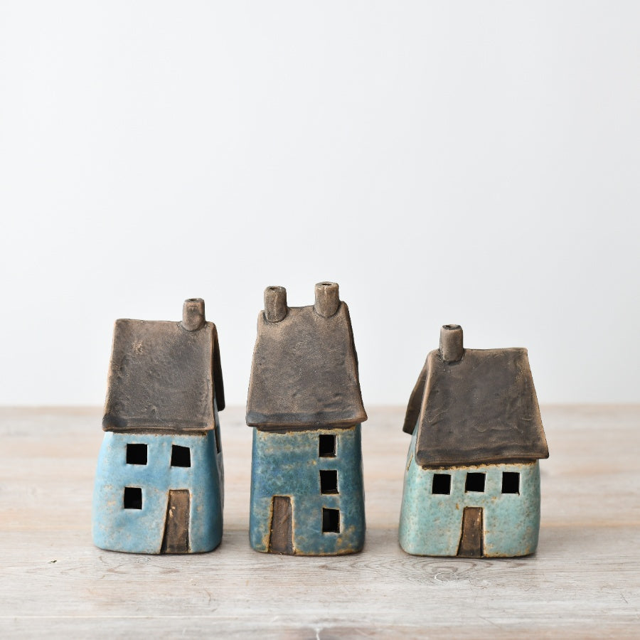LED Speckled Blue House Decoration 14.5cm, Hand-Finished Light-Up Ceramic Ornament with Rustic Charm