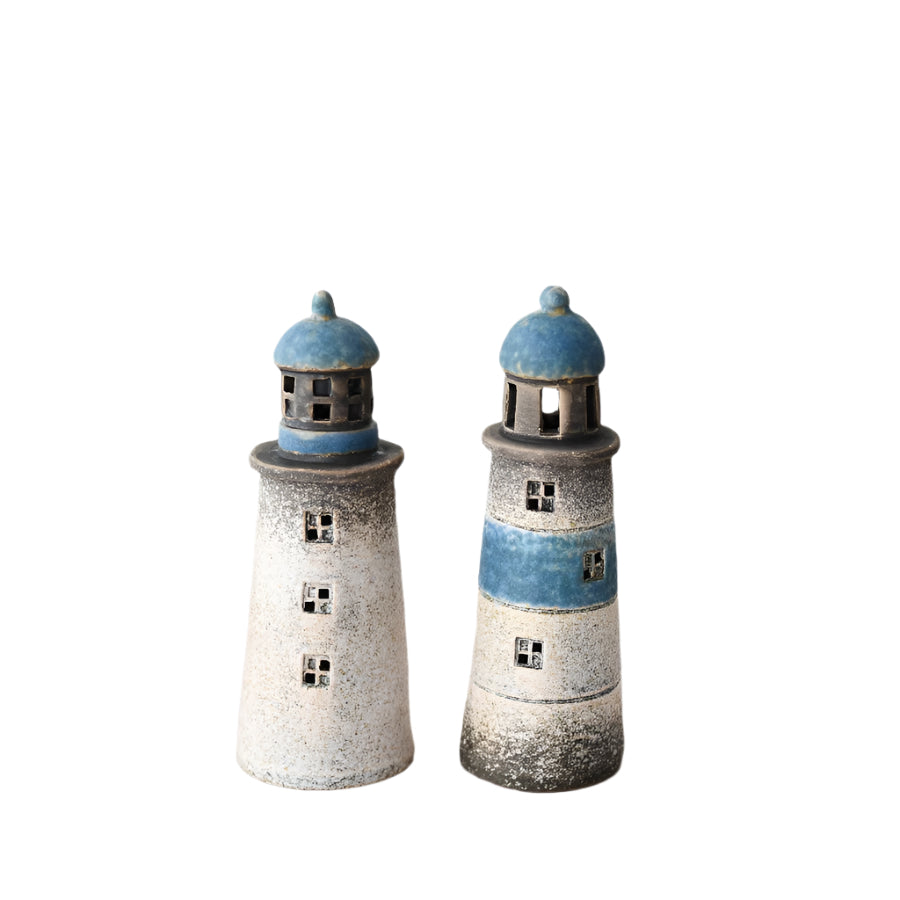 LED Speckled Blue Lighthouse Decoration 15.6cm, Hand-Finished Nautical Light-Up Ornament, Coastal Mantelpiece & Side Table Accent