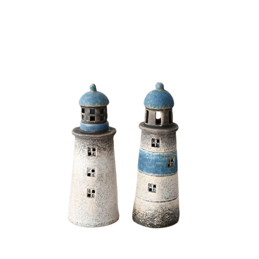 LED Speckled Blue Lighthouse Decoration 15.6cm, Hand-Finished Nautical Light-Up Ornament, Coastal Mantelpiece & Side Table Accent