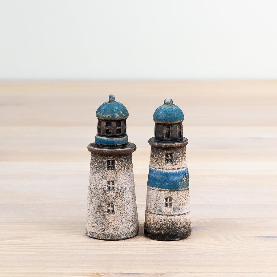 Speckled Blue Lighthouse Ornament 10.2cm, Hand-Finished Nautical Decor with Rustic Charm, Coastal Shelf, Table & Windowsill Accent