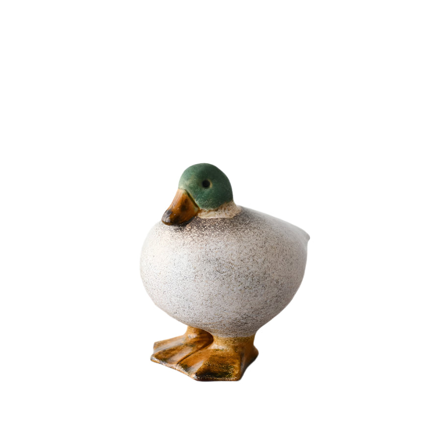 Fat Duck Figurine, Speckled White with Green Head, 14.8cm
