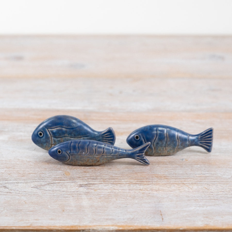 Speckled Blue Fish Ornament 8.7cm – Ceramic Coastal Fish Decor, Nautical Home Accent for Shelf & Table Styling